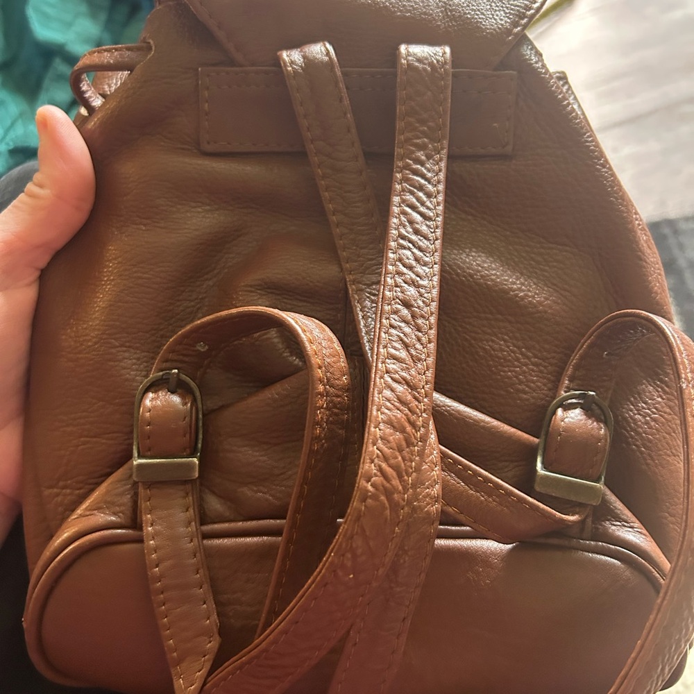 Compact Brown Leather Mini Backpack with Front Po… - image 8